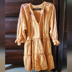 Code Mode Boho Hippie Beachy Orange Mini Oversized 100% Cotton Embroidered Dress